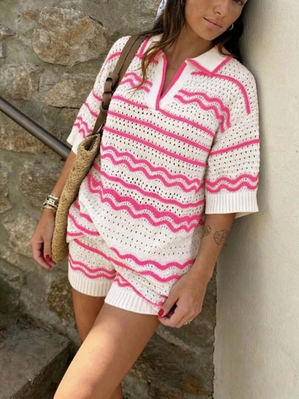 Pink Casual Women's Crochet Knit  Shorts Set with Striped V-Neck Top 2-Piece set - Picture 3 of 7
